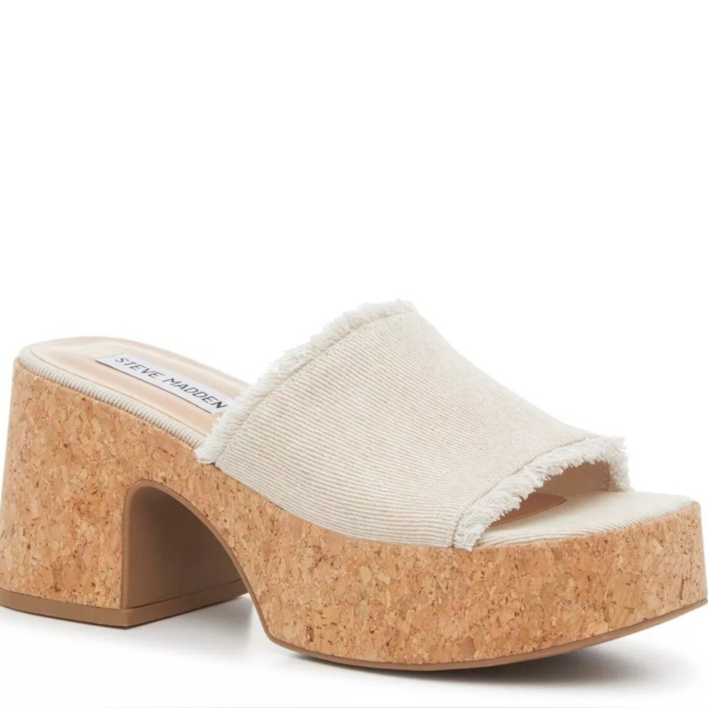 Steve Madden Canvas & Cork Block Heel Platform Sandals Slip On Raw Hem size 9